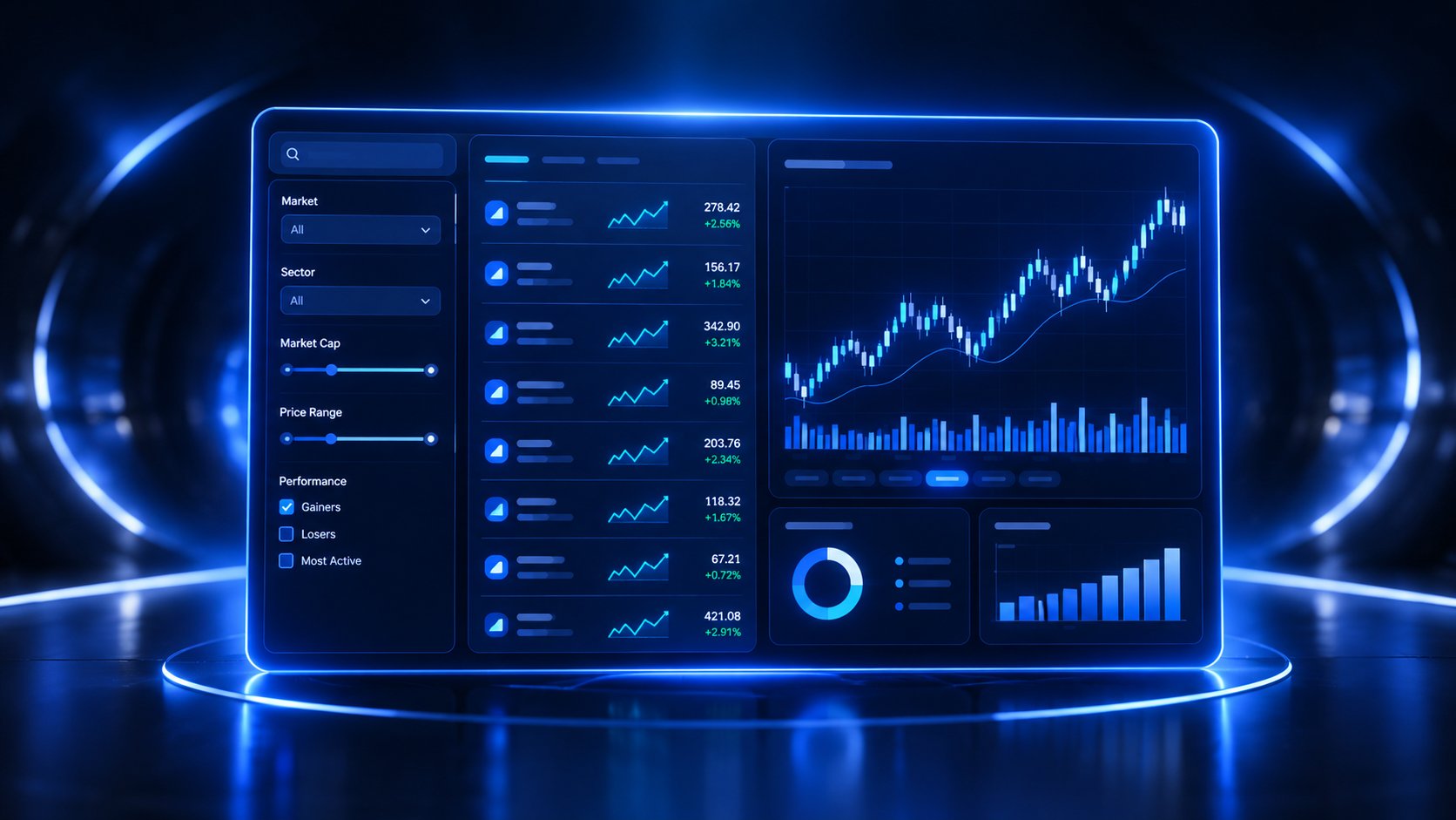 Sleek dashboard with filter panels and a list of stock charts