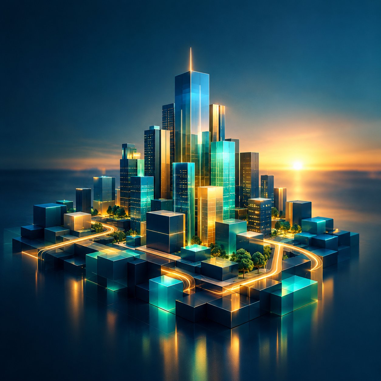 Digital city built from blocks and light paths
